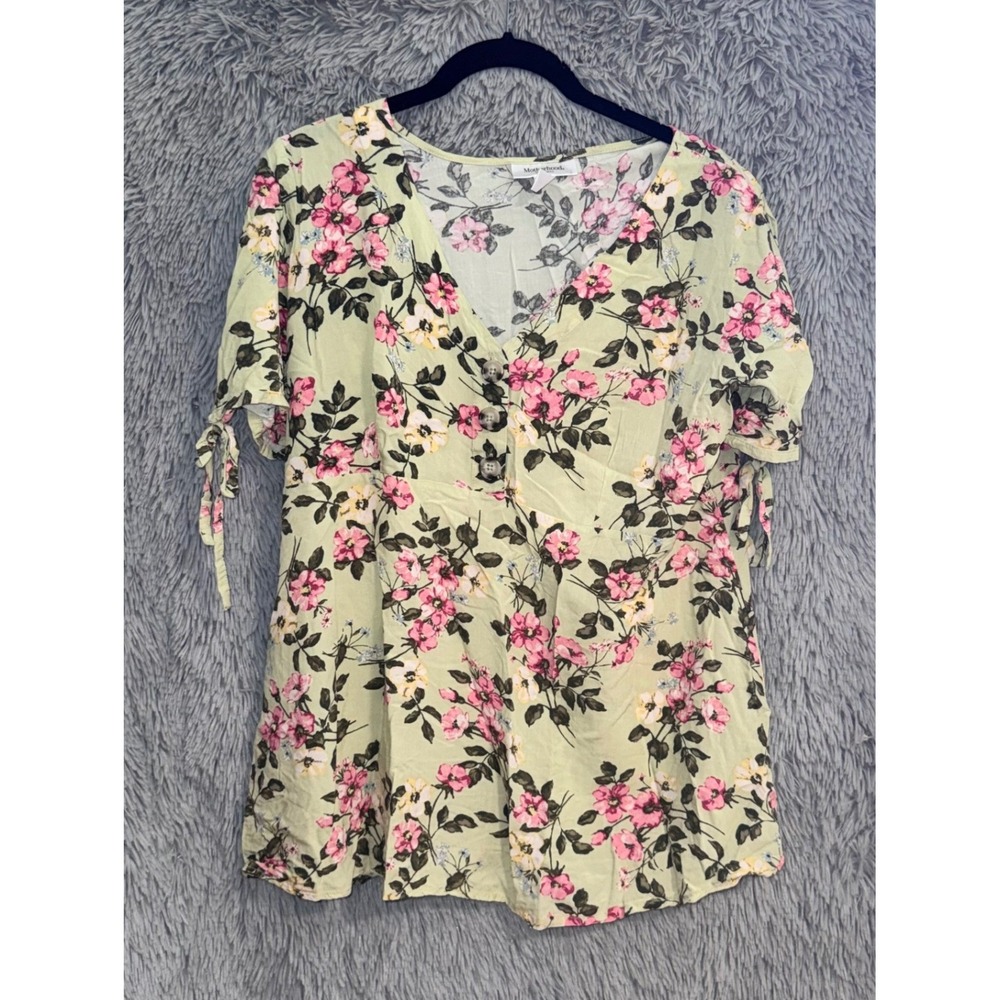 Motherhood Maternity Floral Print Yellow Short‎ Sleeve Button Front Tunic Top LG